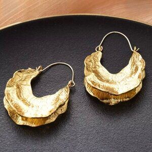 NWT 14K Gold Plated Textured Metal African Fulani Basket Hoop Earrings